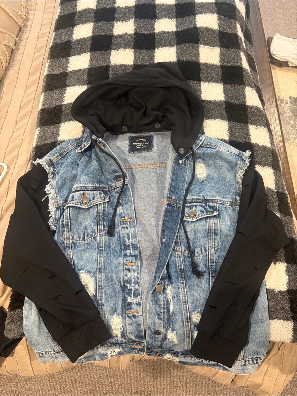 American Bazi Light Blue Distressed Denim Jacket with Black Hoodie Sleeves